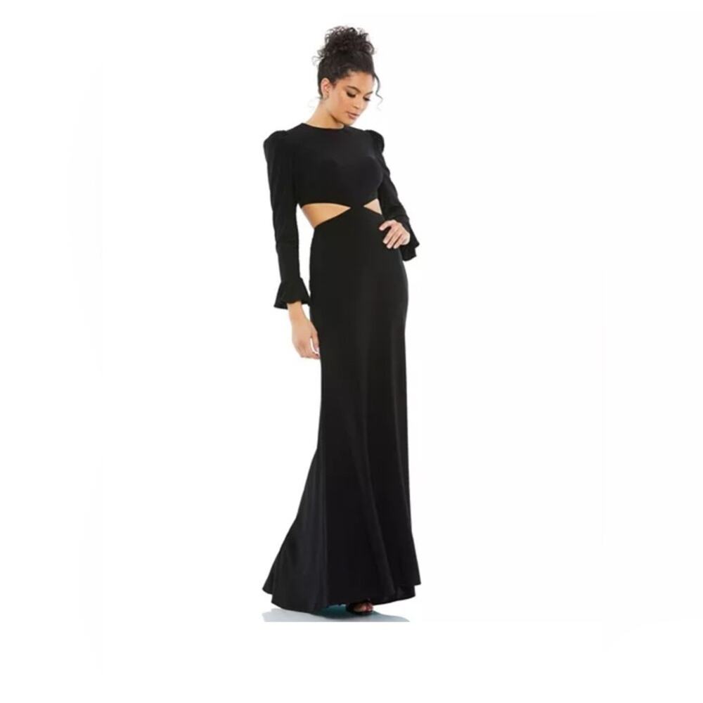 New! Mac Duggal  Black Long Sleeve Puff Shoulder Cut Out Gown Black Sz 6 #15